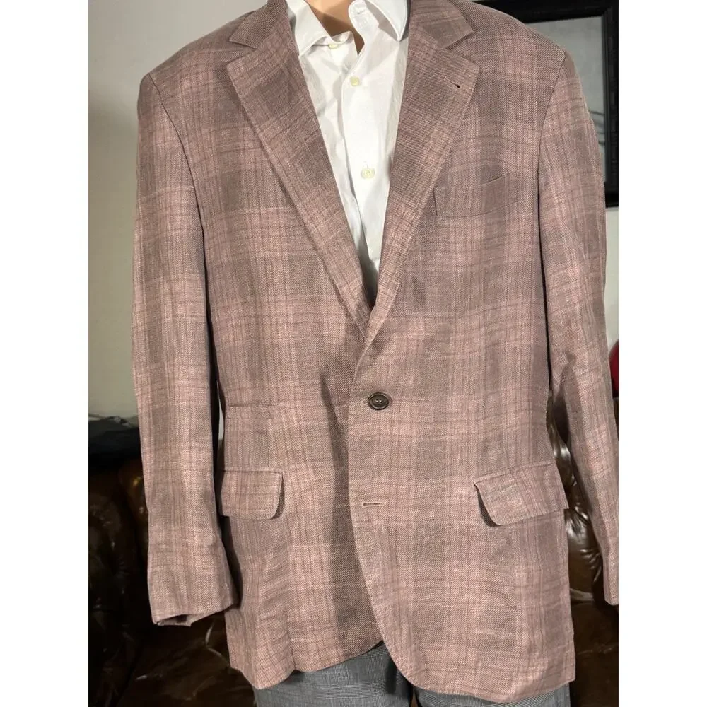 Brunello Cucinelli Peach Taupe Plaid Blazer Sport Jacket 52 IT 42R US Linen Silk